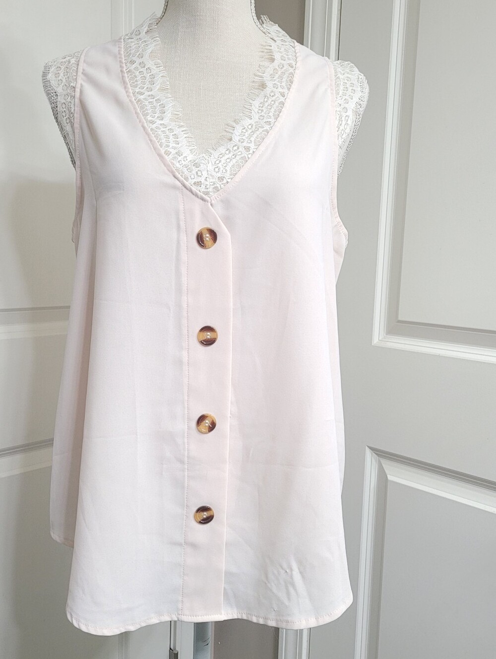 Light Pink Lace Trim Button Front Tank